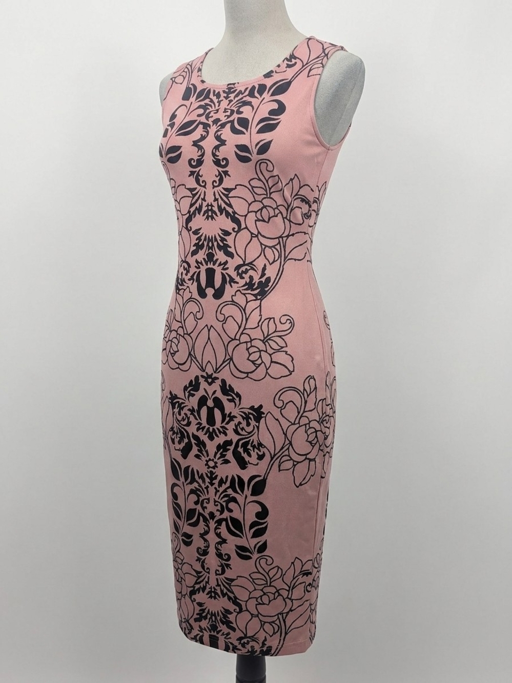 Olivia Matthews Pink Sheath Dress with Black Floral Damask